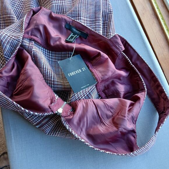 Forever 21 zip-up jumper bodycon dress M woven burgundy cream houndstooth tweed - Picture 3 of 10